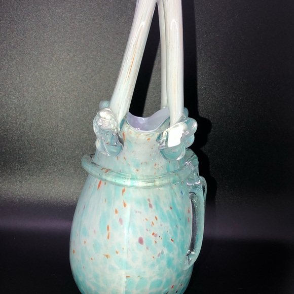 Vintage Block Crystal Art Glass Handbag Mouth Blown Turquoise Blue And Orange - Picture 2 of 8